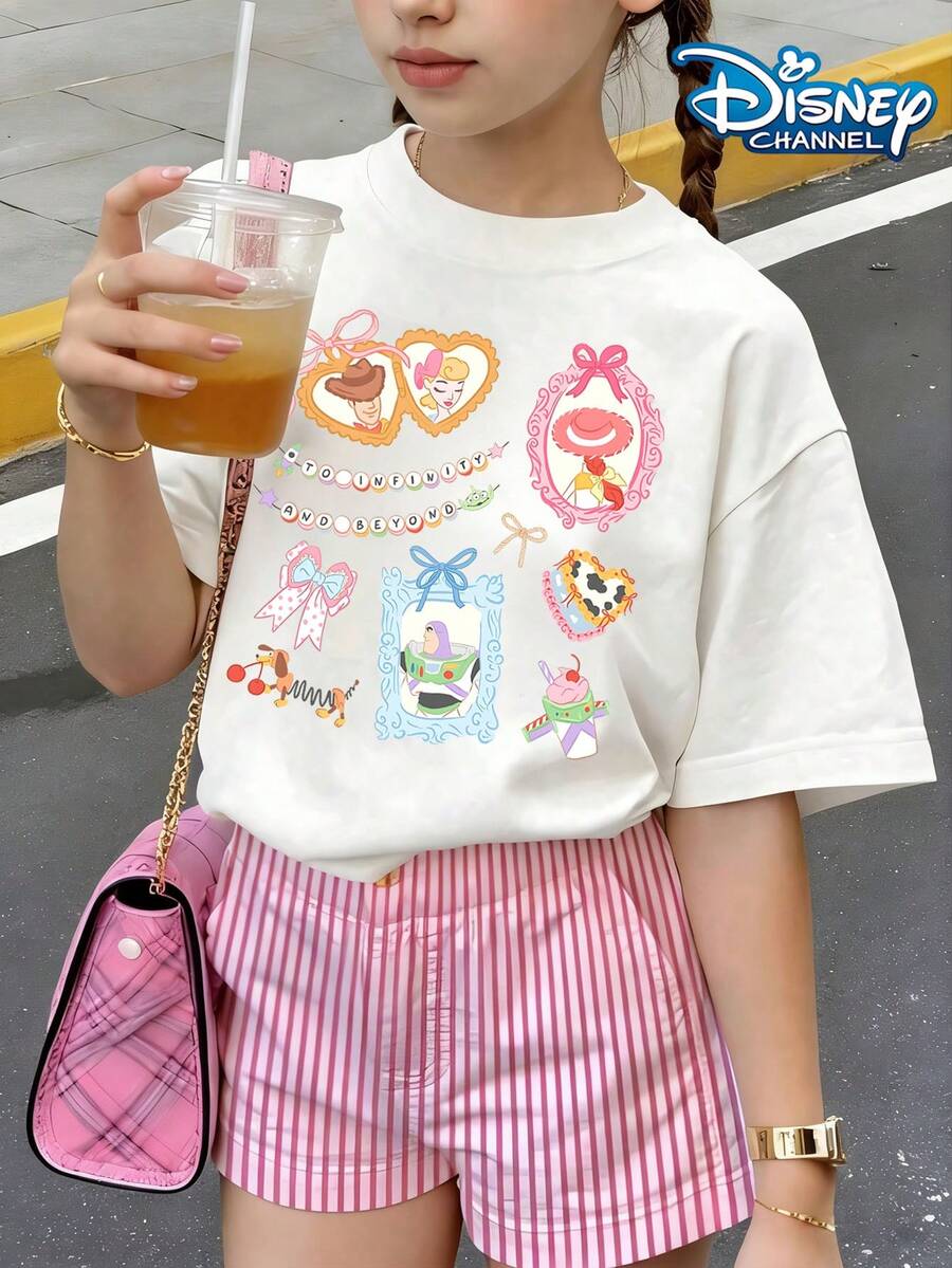 Disney Toy Story, TO INFINITY AND BEYOND,Put Character Avatars And Classic Elements Into A Pink And Blue Photo Frame Print Pattern Summer Tops,Short-Sleeved Casual And Cute Style  Children's Clothing Design, Girl Clothes For Kids ,Ropa Para Niños,Girl Clothes For Kids,Graphic Tee, Summer Clothes,Perfect For Cool Girls. Comfortable And Breathable Children's Short-Sleeved T-Shirt. Comfortable And Casual Wear All Year Round 180g Pure Cotton Children's Clothes,Comfortable & Lightweight, Iconic Print For Mix-And-Match Outfits,Suitable For Both Boys And Girls. - White - View 1