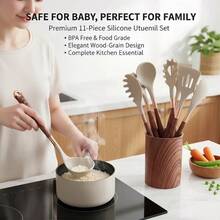 Bộ dụng cụ nhà bếp silicon mới 11 món, chảo chống dính cán gỗ vân mạ vàng, thìa và muỗng chịu nhiệt. - A - Xem 4