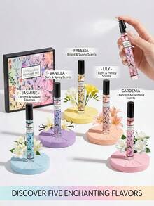 Bộ 5 chai xịt thơm hương hoa lãng mạn 10ml, gồm các mùi hương hoa nhài, vani, hoa ly, hoa loa kèn và hoa catalpa. Sản phẩm nhỏ gọn, tiện lợi khi đi du lịch, thích hợp sử dụng trong nhà, như tủ giày, phòng ngủ, tủ quần áo và phòng tắm. Là món quà lý tưởng cho sinh nhật hoặc ngày Valentine. - Xịt thơm - Xem 3