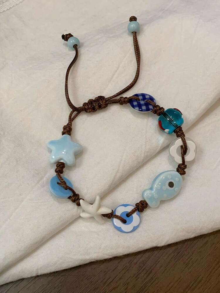 1pc Women's Fashionable Sweet Fish, Star & Flower Woven Bracelet, Suitable For Daily Wear - Multicolor - View 3