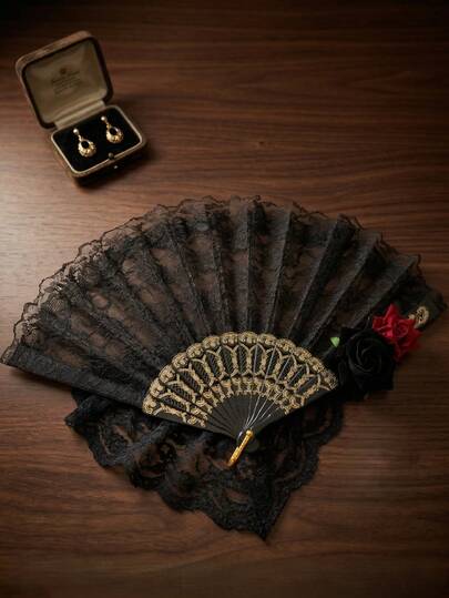 Black Lace Rose Elegant Flamenco Fan, Vintage Spanish Folding Fan, Suitable For Masquerade, Cosplay, Dance Props, Decoration, Unisex