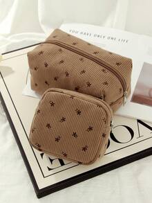 2 Pieces Set / 1 Brown Floral-Patterned Octagonal Makeup Bag, A Fashionable And Casual Large-Capacity Portable Zipper Makeup Bag Suitable For Travel And Vacation, A Must-Have Makeup Bag For Essential Items - Brown - View 7