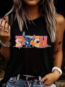 Disney 1件女士拼接印花吊带背心，时尚女士背心，圆领弹力面料，适合日常穿着，易护理面料，休闲女士背心 - 黑色 - 查看 3