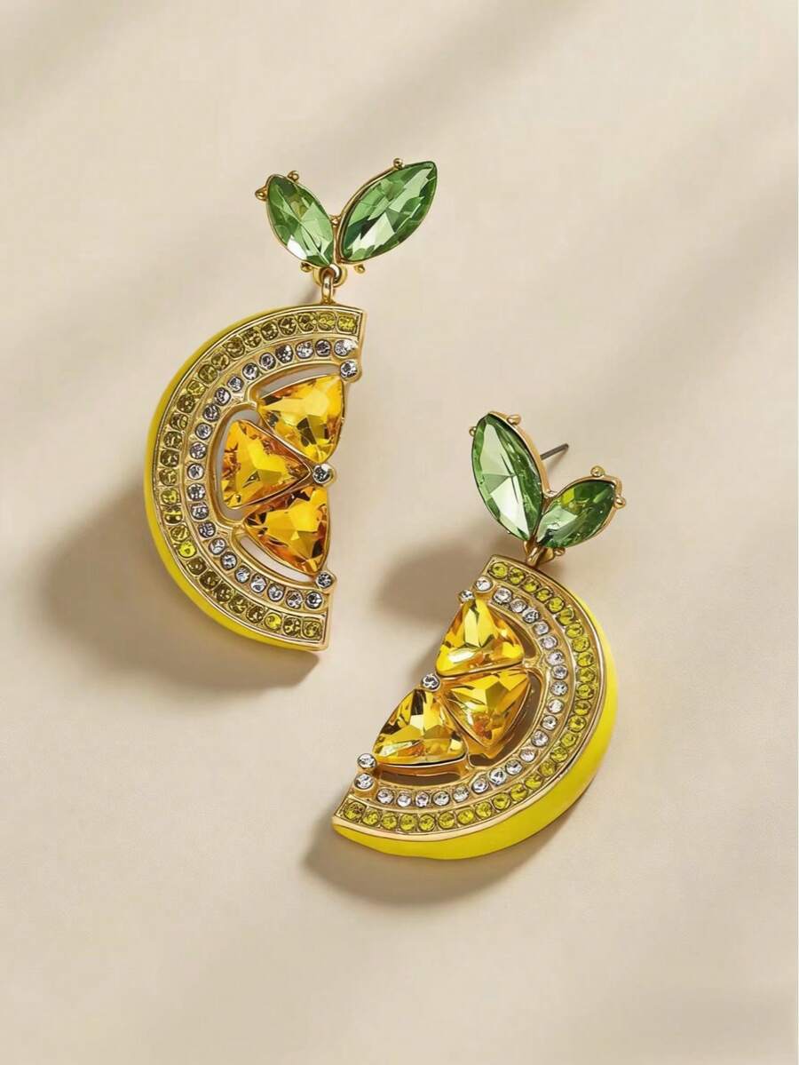 1对新款时尚个性化高档锆石钻石柠檬水滴耳环，欧美风水果耳环，女士日常佩戴及礼品 - 黃色 - 查看 1