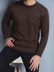 Men's Plain Wool Knit Sweater With Round Neck And Long Sleeves For Winter - Coffee Brown - View 1