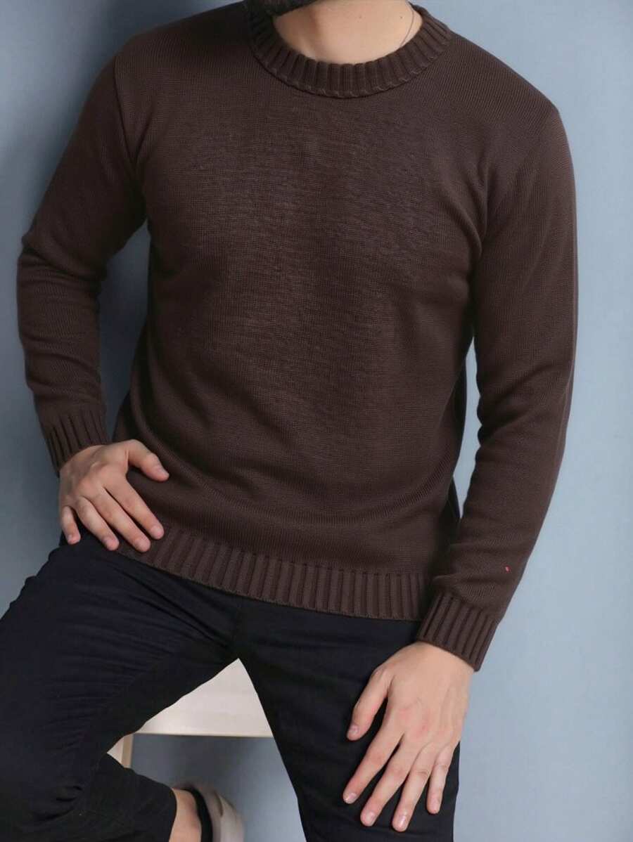 Men's Plain Wool Knit Sweater With Round Neck And Long Sleeves For Winter - Coffee Brown - View 1