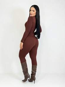 Elegant Women's Virginia Jumpsuit, Seersucker Fabric, With Zipper, Long Sleeves, Suitable For Winter And All Seasons. - 鏽棕色 - 查看 3