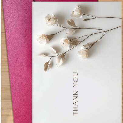 1张精美3D纸艺白玫瑰贺卡，自然简约米色背景，饰以干枯枝条，“谢谢！”竖版设计，适用于表达感谢、节日祝福、一般艺术情感卡片（包含1张卡片和1个信封，尺寸为4.3英寸 x 6.3英寸）。