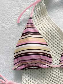 女士吊带条纹比基尼套装，优雅休闲性感高弹力系带泳衣，两件式泳装，适合夏季、度假、海滩、女士假日装、节日、派对和休闲穿着 - 彩色 - 查看 7