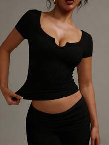 XLLAIS Summer Open Collar Short Sleeve Elastic Fitted Top Casual - Black - View 2