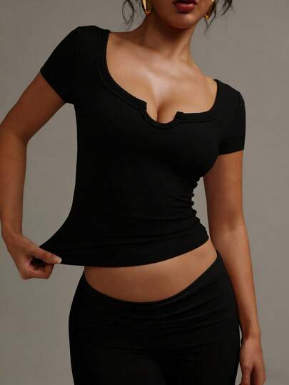 XLLAIS Summer Open Collar Short Sleeve Elastic Fitted Top Casual