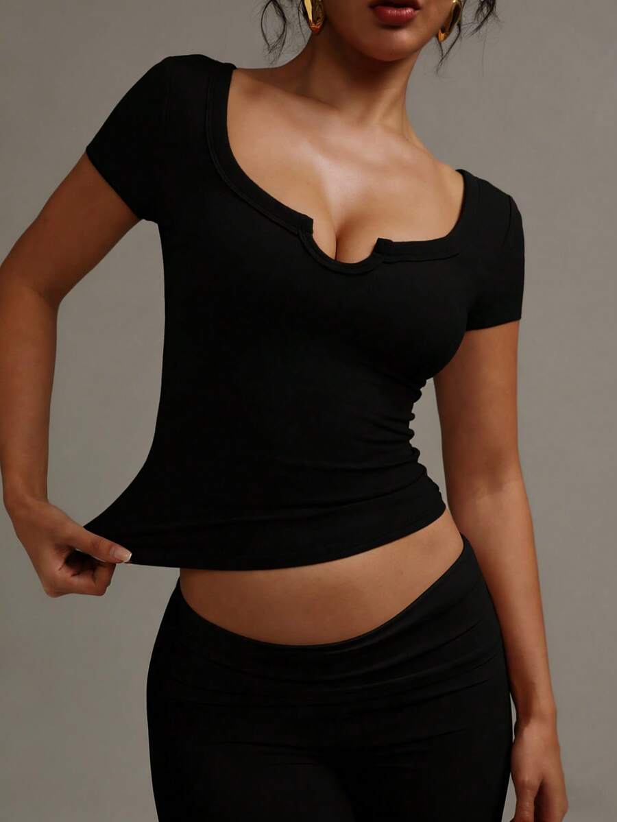 XLLAIS Top casual de manga corta con cuello abierto y ajuste elástico para el verano - Negro - Ver 1