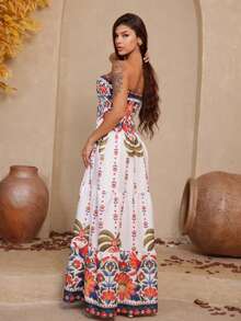 Vestido Longo PALMEIRAS Tomara que Caia Estampa Floral com Babado - Multicolorido Palmeiras - Visão 4