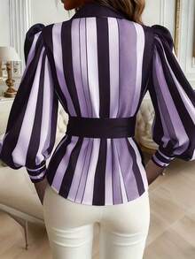 Contrast Striped Front Button Bow Tie Waist Elegant Long Sleeve Shirt, Suitable For Home And Daily Wear Spring - Purple - View 2