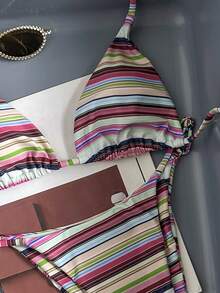 Traje de baño de 2 piezas sexy y colorido con rayas para mujer, conjunto de bikini con espalda descubierta y lazos, adecuado para la playa, vacaciones y cruceros en verano - Multicolor - Ver 7