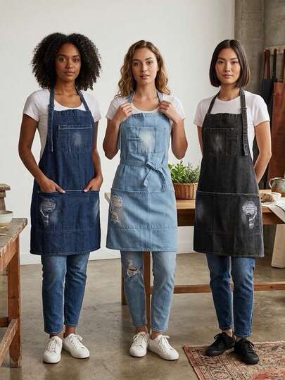 1pc Customized Waterproof Denim Apron, Suitable For Barista, Bakery, Kitchen, Catering, Hairstylist Workwear