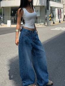 Washed Mid-Blue Retro Jeans, American Casual Denim Women's Design Spring/Summer , Loose Wide Leg Fashionable Jeans - Medium Wash - View 1