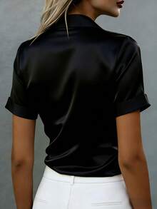 休闲优雅女士短袖翻领衬衫，涤纶材质，常规长度，半透明面料，打造时尚造型，黑色 - 黑色 - 查看 3