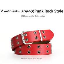 女士Y2K星形铆钉红色皮革腰带 - 朋克铆钉可调节腰带，适合搭配牛仔裤 - 紅色 - 查看 2