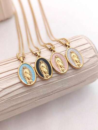 1 pieza Collar con colgante ovalado de Virgen María chapado en oro de 18K estilo vintage francés de acero inoxidable, joya minimalista y elegante como regalo para hombres y mujeres, Día de San Valentín