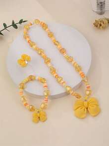 3件套女孩公主蝴蝶结首饰套装，弹力项链、手链、戒指，装扮配饰，派对礼物 - 橘色 - 查看 3