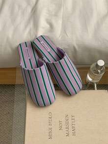 XIXITIAO Minimalist Japanese Style Striped Closed-Toe Slippers | Comfortable Versatile Casual Indoor Slippers | Lightweight Thin-Sole Easy-On Easy-Off Floor Slippers - Green and Purple - View 5