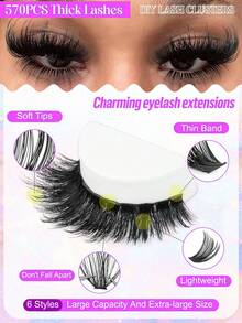 570片D型卷翘蓬松假睫毛套装，大容量DIY假睫毛套装，适合初学者，持久耐用，混合单根假睫毛款式，DIY睫毛簇，在家轻松打造迷人双眸，美容必备，大容量假睫毛套装，适合旅行、日常佩戴（适合初学者）、婚礼、约会、派对、节日，也是圣诞节/万圣节/送礼的理想假睫毛套装。 - 查看 8