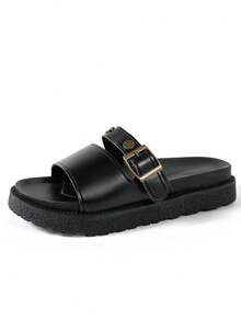 Women's Rivet Decor Thick Sole Comfortable Versatile Slide Sandals With Metal Buckle, Suitable For Summer Outdoor Wear - Black - View 7