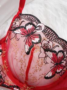 女士两件套红色蝴蝶刺绣薄纱网眼钢圈文胸和丁字裤内衣套装 - 紅色 - 查看 3