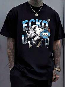 Men's 220g 100% Cotton ECKO UNLTD Iridescent Rhino Graphic T-Shirt,And Breathable Men's Sportswear, Suitable For Everyday Wear,Outings, Commuting. - 黑色 - 查看 1
