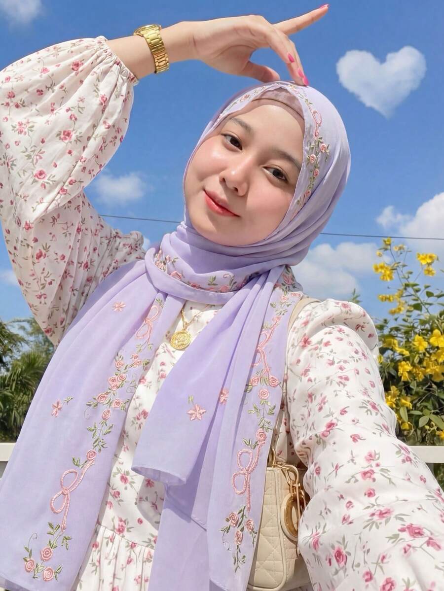 1条女士纯色花卉刺绣雪纺头巾，尺寸70x170厘米，柔软舒适，轻盈透气，用途广泛，长款设计，优雅的撞色刺绣，适合日常佩戴，四季皆宜。 - 彩色 - 查看 1