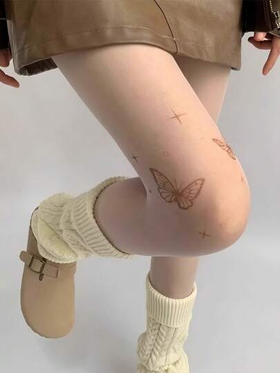 2双装女士蝴蝶星形图案透明连裤袜，超薄透明尼龙材质，蝴蝶印花搭配闪亮星星设计，甜美洛丽塔风格，适合搭配JK制服、裙子、连衣裙和日常穿着，2双装，均码（40-70公斤）