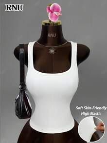 RNU 女士白色方领无袖上衣，性感休闲，通勤百搭，高弹柔软条纹针织面料，适合情人节、返校季、万圣节、节日派对、春、夏、秋、冬四季穿着，新款吊带背心 - 白色 - 查看 8