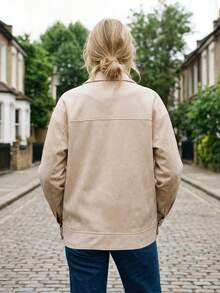 Womens Fall Spring Jacket Casual Loose Fit Stylish Solid Color Zip Up Collared Long Sleeve Coat - Beige - View 6