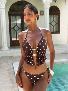 Bộ bikini 2 mảnh màu nâu chấm bi kiểu retro, xẻ tà, dành cho nữ, quần bơi buộc dây bên hông, hoàn hảo cho tiệc bể bơi và kỳ nghỉ hè trên bãi biển. - Nhiều màu - Xem 1