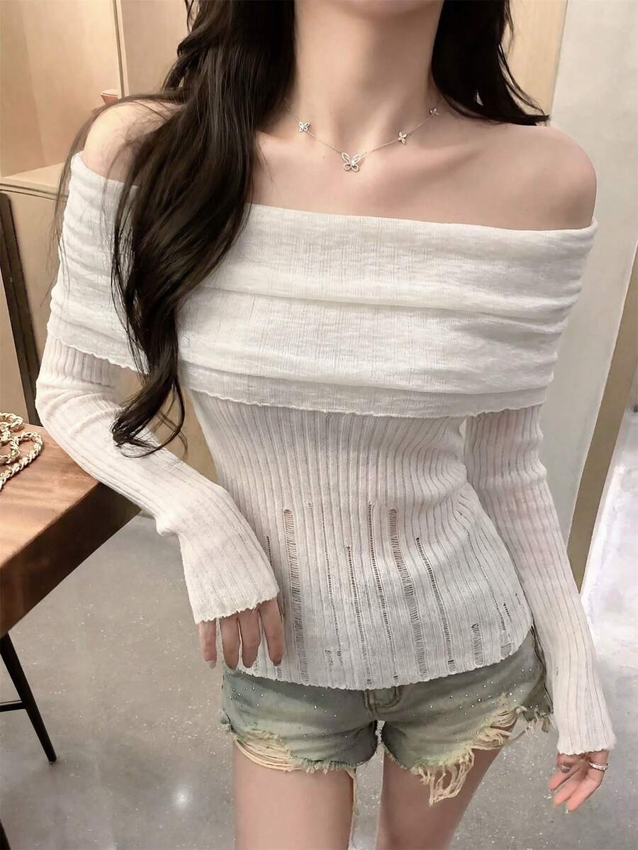 女士夏季露肩Y2K复古风长袖修身抓绒针织衫，优雅休闲甜美简约性感破东风纹理针织上衣，适合日常休闲、约会、周末聚会、返校季、街头时尚百搭上衣 - 杏色 - 查看 1