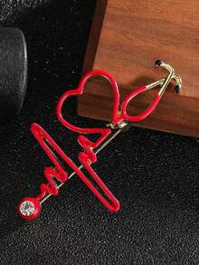 1pc ECG Stethoscope Brooch, Women's Safety Pin Brooch Suitable For Daily, Vacation, Travel - Red - View 8