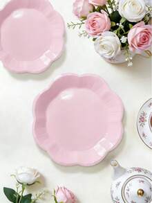 10pcs /20pcs /30pcs 7inch / 9inch Light Pink Party Tableware Set, With Large Lace Paper Plates, Disposable Vertical Striped White Wave-Edge Party Plates, Suitable For Party Table Decorations Men Women - Light Pink - View 5