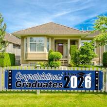 Decoraciones de graduación 2026 Pancarta de graduación azul y negra Felicitaciones Graduado Clase de 2026 Letreros de jardín para decoraciones de fiesta de graduación interior y exterior - Azul - Ver 4