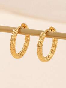 2只简约纹理小圆环耳环，时尚优雅，适合女性日常佩戴，百搭男女皆宜的情侣耳环 - 金色 - 查看 2