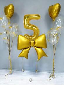 12pcs Birthday Decoration Set, Large Gold Bow Foil Balloons, 40-Inch Gold 0-9 Birthday Number Balloons, 18-Inch Gold Heart Balloons, Clear Latex Balloons (With Balloon Ribbons), Suitable For Birthday Party, Anniversary Decoration - Gold - View 5