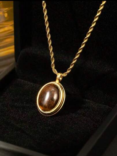 1pc Vintage Oval Brown Gemstone Pendant Necklace, 18K Gold Plated Stainless Steel Pendant Necklace, Fashionable Design, Suitable For Daily Wear, Christmas, New Year, Valentine's Day Jewelry Gift For Men