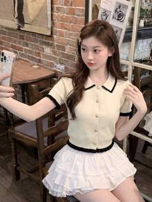 2026春夏女式杏色罗纹针织开衫 - 优雅甜美撞色领口荷叶边短袖上衣，休闲日常穿着、通勤、约会皆宜 - 杏色 - 查看 9