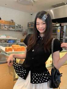 Black & Polka Dot Puff Collar Short Sleeve T-Shirt, Fitted Design, Versatile Summer Top For Women - Black - View 2