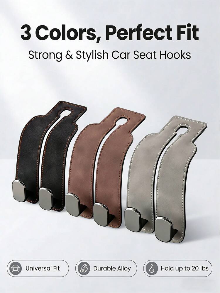 Móc treo tựa đầu ghế ô tô bằng da PU chịu tải 20lbs, phù hợp với mọi loại xe, chất liệu hợp kim bền chắc, thích hợp cho hơn 500 trường hợp sử dụng. - Nhiều màu - Xem 1