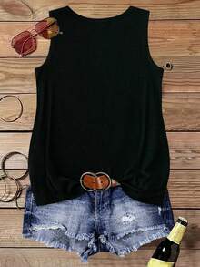 Plus Size Women Vintage Western Pattern Graphic Vest, Casual Round Neck Tank Top Black Summer - Black - View 2