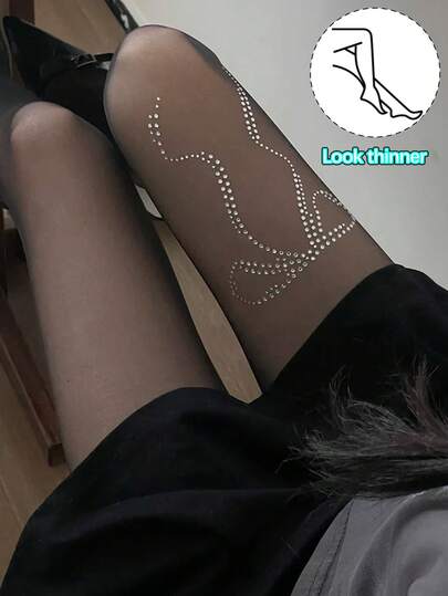 Thin Butterfly Rhinestone Black Stockings, Sexy Slimming Pantyhose For Summer