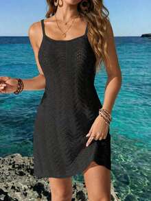 Women's Summer Bohemian Ombre Hollow-Out Sexy Sheer Cover-Up Camisole Mini Dress Vacation Beach - màu đen - Xem 2