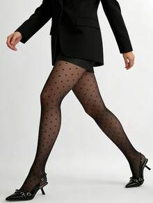 女士黑色波点打底裤 - 经典波点印花弹力复古时尚打底裤，适合日常优雅、约会之夜和休闲风格 - 黑色 - 查看 4