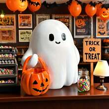 1pc Adorable Resin Smiling Ghost With Pumpkin Bucket - Cute Halloween Tabletop Statue, Ideal For Spooky Autumn Decor, Collectible Room Accent For Halloween Theme, Seasonal Display, Whimsical Design - 1PC - 查看 5